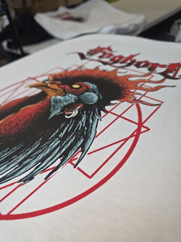 Metal band Foghorn with a 6 color simulated process print on Raglan tees!